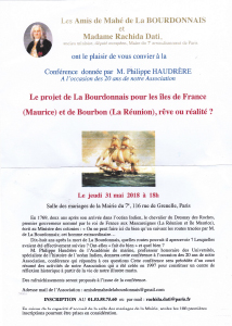 Conférence : Philippe Haudrère, Le projet de La Bourdonnais pour les iles de France (Maurice) et de Bourbon (La Réunion) , rêve ou réalité ? 31 mai 2018 - Mairie du 7ème à Paris