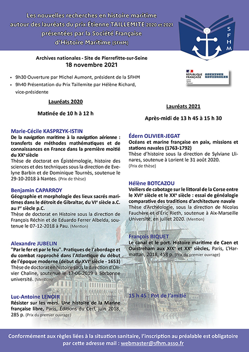 3e journée d'étude (18 novembre 2021). Les nouvelles recherches en histoire maritime autour des lauréats du prix Étienne TAILLEMITE 2020 et 2021 3e journée d'étude (18 novembre 2021). Les nouvelles recherches en histoire maritime autour des lauréats du prix Étienne TAILLEMITE 2020 et 2021