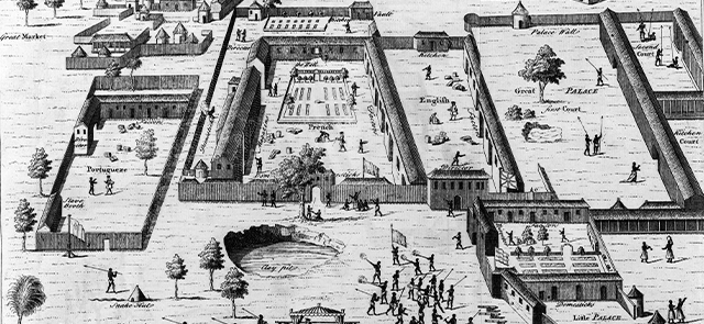 Publication : Traites négrières en France méditerranéenne au XVIIIe-XIXe siècle. Trafic infâme et discours vertueux. Buti Gilbert. Illustration : Manufactures d'esclaves, entretenues par des commerçants de quatre pays européens du golfe de Guinée dans ce qui est aujourd'hui le Nigeria, 1746. Publication : Traites négrières en France méditerranéenne au XVIIIe-XIXe siècle. Trafic infâme et discours vertueux. Buti Gilbert. Illustration : Manufactures d'esclaves, entretenues par des commerçants de quatre pays européens du golfe de Guinée dans ce qui est aujourd'hui le Nigeria, 1746.