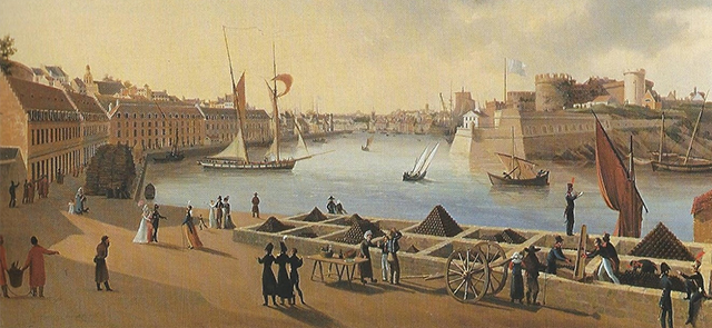 Publication : Les premiers préfets maritimes 1800 -1815. Deux tomes. Patrick Le Carvèse. Éditions Harmattan, 2024. Illustration : 1821 Ambroise-Louis Garneray Vue du port de Brest Publication : Les premiers préfets maritimes 1800 -1815. Deux tomes. Patrick Le Carvèse. Éditions Harmattan, 2024. Illustration : 1821 Ambroise-Louis Garneray Vue du port de Brest
