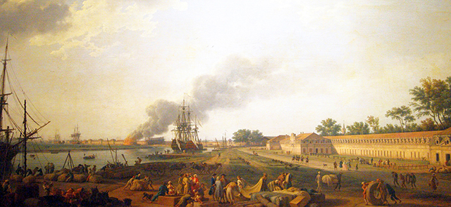 Publication : « Chesapeake. La victoire navale française qui changea le monde ». Jean-Christophe Chaumery. Éditions Pierre de Taillac. Illustration : Joseph Vernet, Vue du port de Rochefort, prise du magasin des Colonies. Publication : « Chesapeake. La victoire navale française qui changea le monde ». Jean-Christophe Chaumery. Éditions Pierre de Taillac. Illustration : Joseph Vernet, Vue du port de Rochefort, prise du magasin des Colonies.
