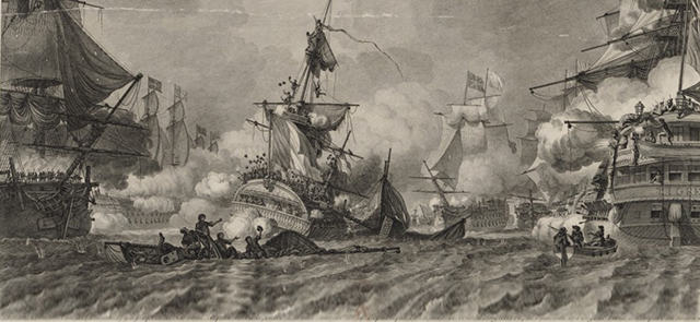 Le vaisseau le Vengeur du Peuple au combat de Prairial en juin 1794 - Gravure de Pierre Ozanne